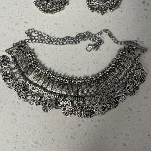 Silver Boho Statement Coin Earrings & Necklace set - Picture 3 of 3